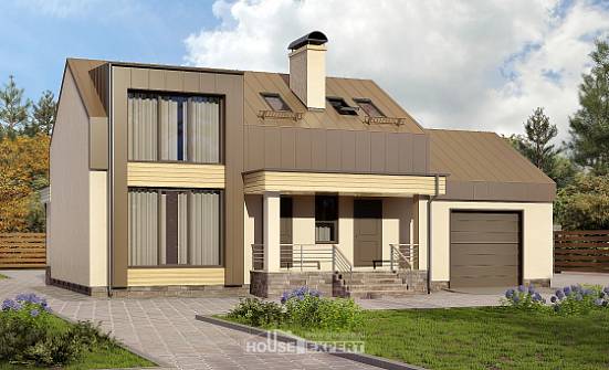 150-015-Л Проект двухэтажного дома с мансардным этажом, гараж, компактный домик из поризованных блоков Шумерля | Проекты домов от House Expert