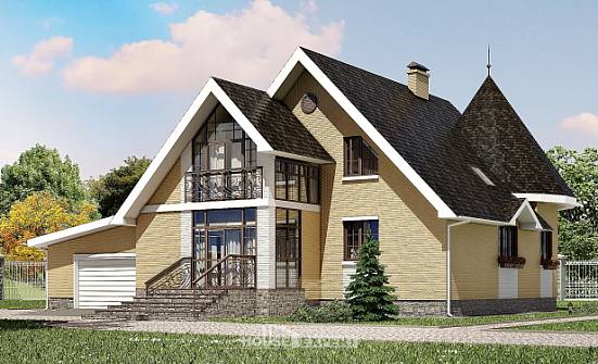 250-001-Л Проект двухэтажного дома с мансардным этажом и гаражом, уютный дом из твинблока Новочебоксарск | Проекты домов от House Expert