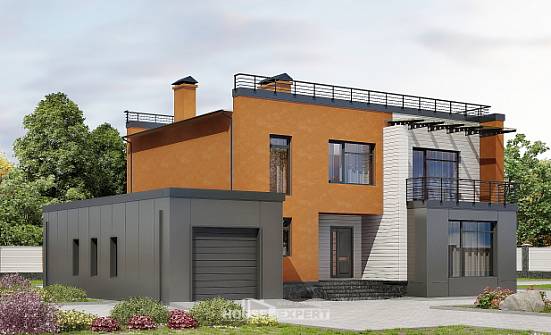 260-002-Л Проект двухэтажного дома и гаражом, современный коттедж из теплоблока Алатырь | Проекты домов от House Expert