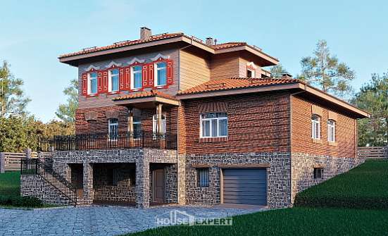 380-002-Л Проект трехэтажного дома и гаражом, красивый загородный дом из кирпича Канаш | Проекты домов от House Expert